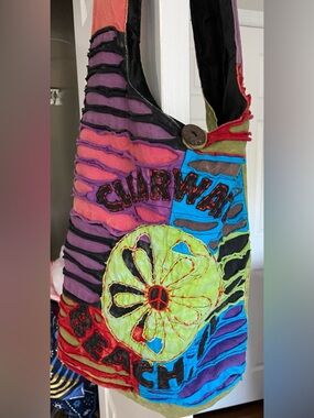 Beach Bag, Cotton w/Nylon Lining. Pocket Inside. Wood Button. Long Strap, Large